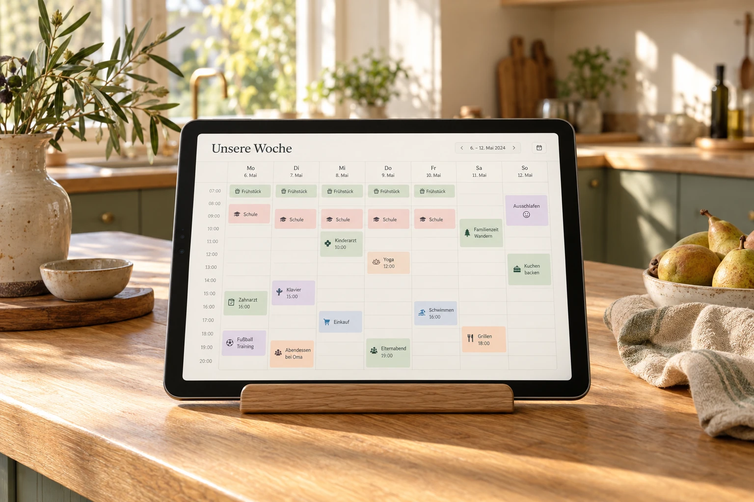 Produktvisualisierung: ein Tablet mit Familienkalender auf einem Holzständer in einer hellen Küche